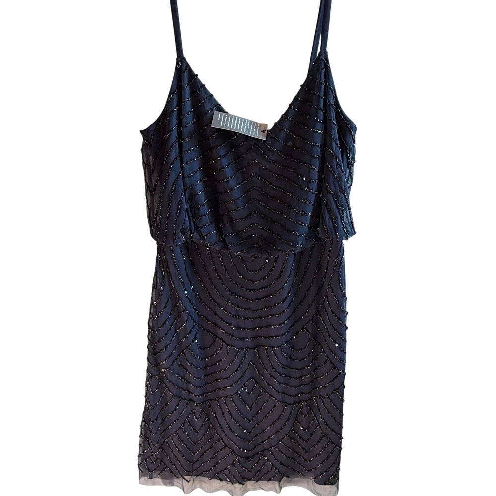 Adrianna Papell Blouson Beaded Dress Women Sz 4 Navy Blue Cocktail Flapper Party